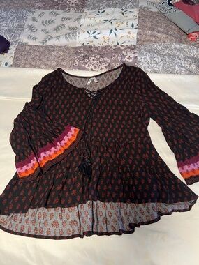 Mudd Black Tunic with Red Motif and Pink-Orange Sleeve Accents